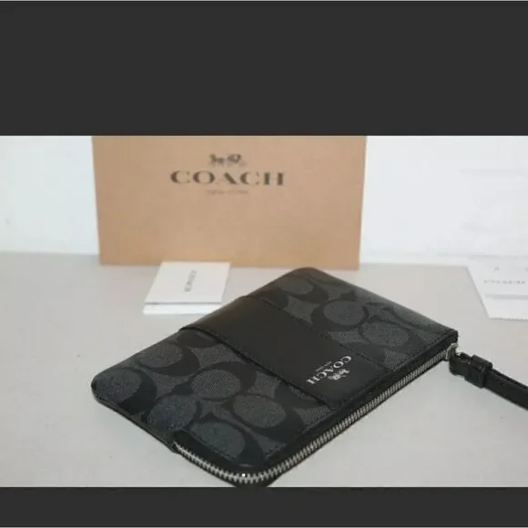 COACH SIGNATURE PVC LEATHER CORNER ZIP WRISTLET CLUTCH BAG BLACK F58035 - Picture 4 of 4